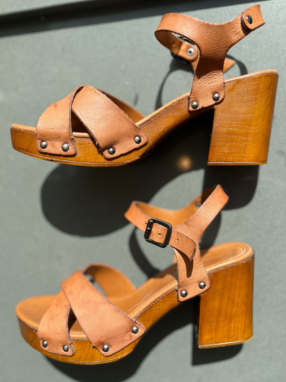 Sophia Milano Italian Leather Studded Wooden Block Heel Platform Sandals
